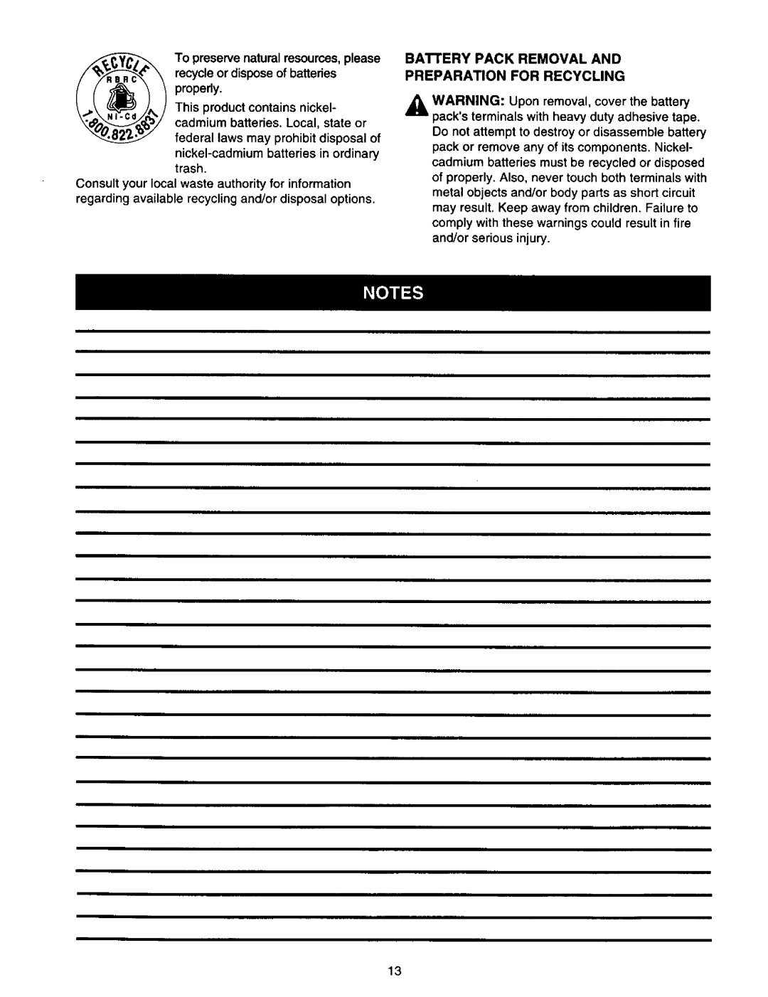 Craftsman 973.111291 owner manual BAI-rERY Pack Removal, Preparation for Recycling 