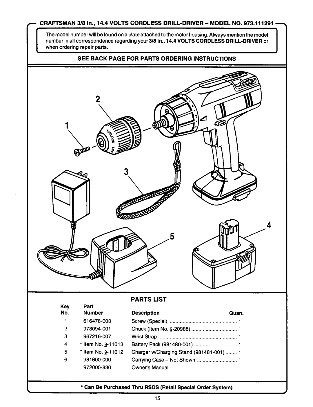 Craftsman 973.111291 owner manual See Back page for Parts Ordering Instructions, Key Part No, Number, 973094-001 967216-007 