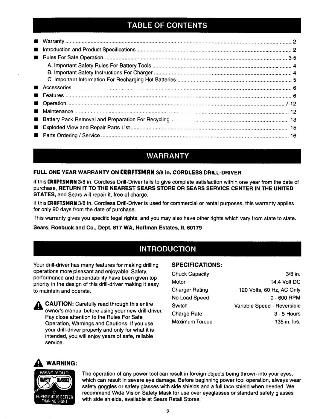 Craftsman 973.111291 owner manual Specifications 