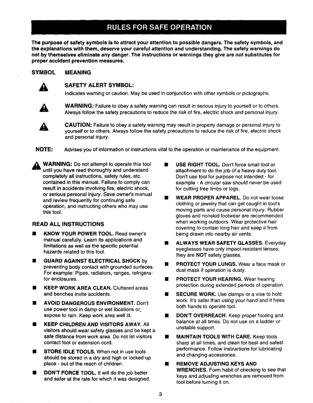 Craftsman 973.111291 owner manual Safety Alert Symbol, Read ALL Instructions, Remove Adjusting Keys 