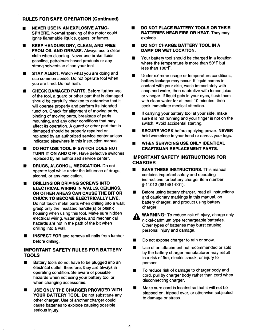 Craftsman 973.111291 Important Safety Rules for BAnERY, Tools, Do not Charge Battery Tool in a Damp or WET Location 