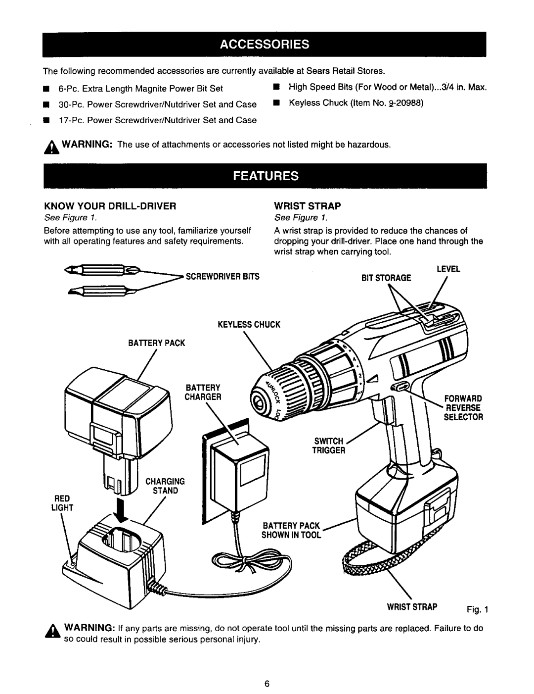 Craftsman 973.111291 owner manual Screwdriverbits Wrist Strap, Light, Wriststrap Fig 