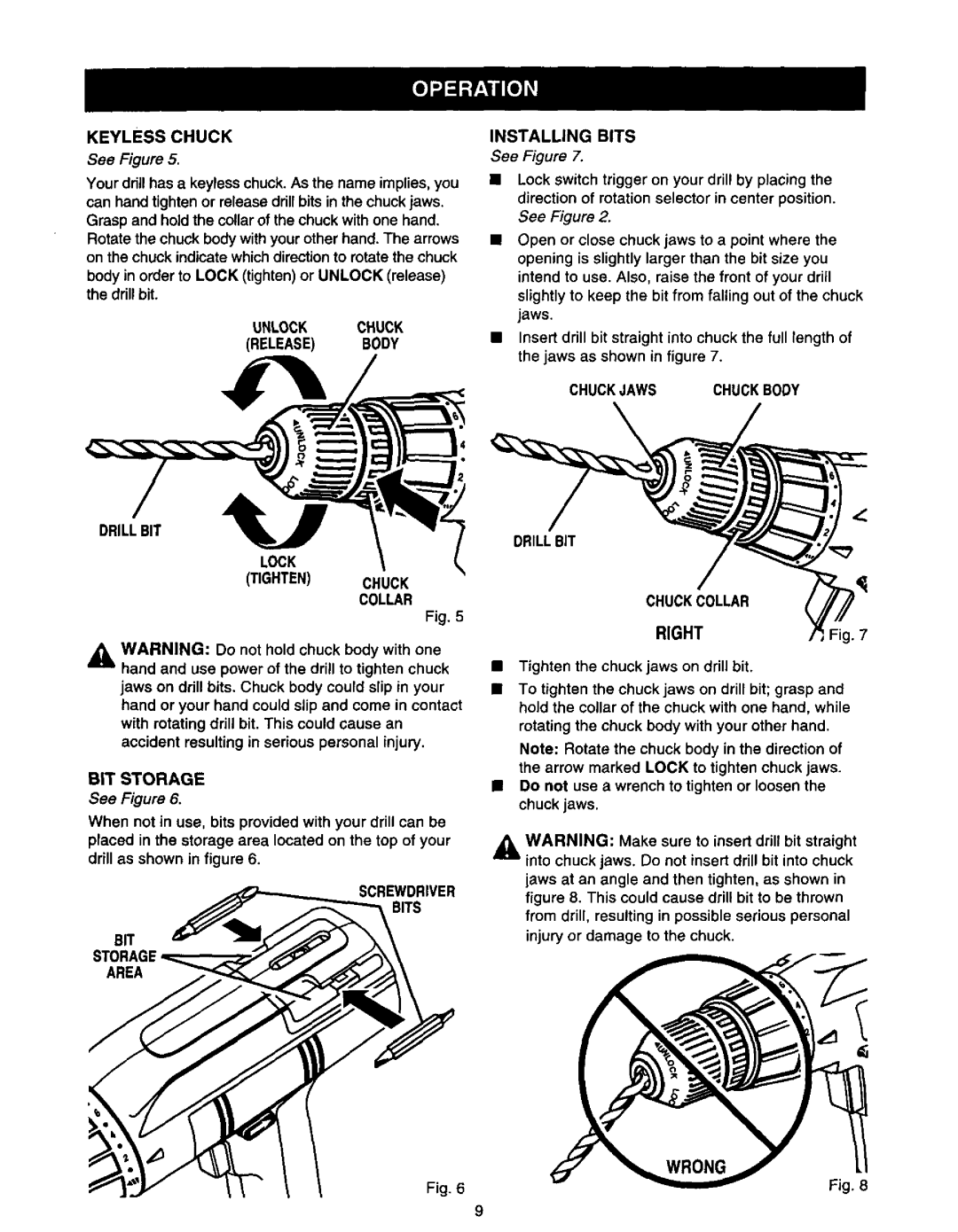 Craftsman 973.111291 owner manual Unlock Chuck, Drillbit Lock Tighten Chuck Collar, BIT Storage 