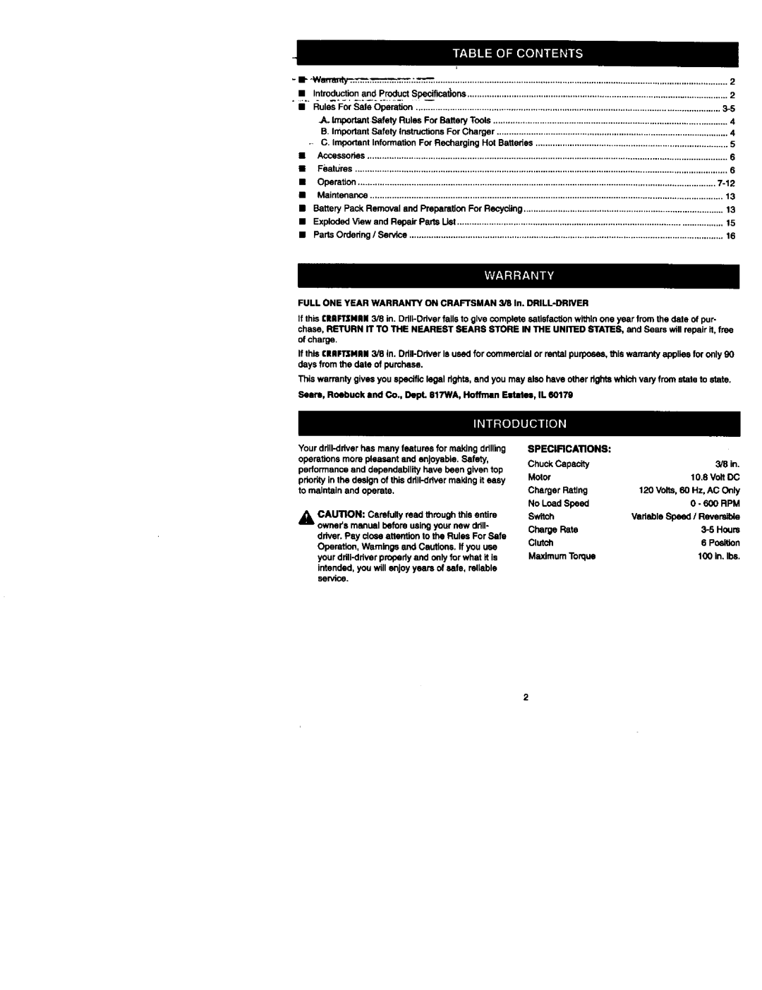 Craftsman 973.111330 owner manual Wetrardy, Specifications 