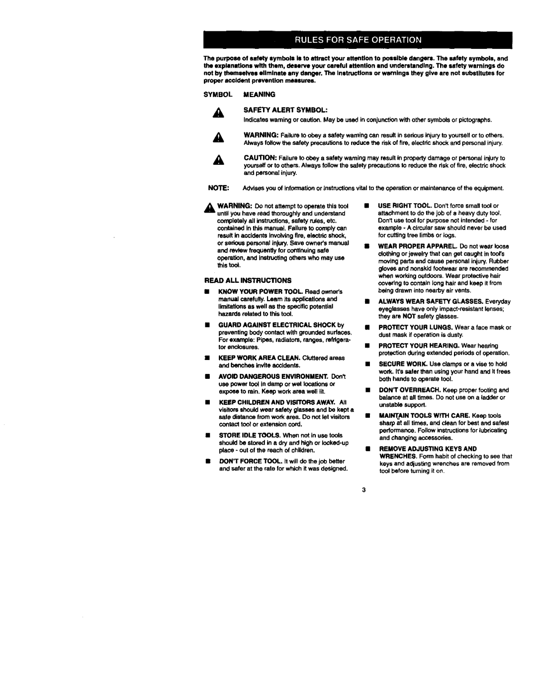 Craftsman 973.111330 owner manual Symbol Meaning Safety Alert Symbol, Read ALL Instructions 