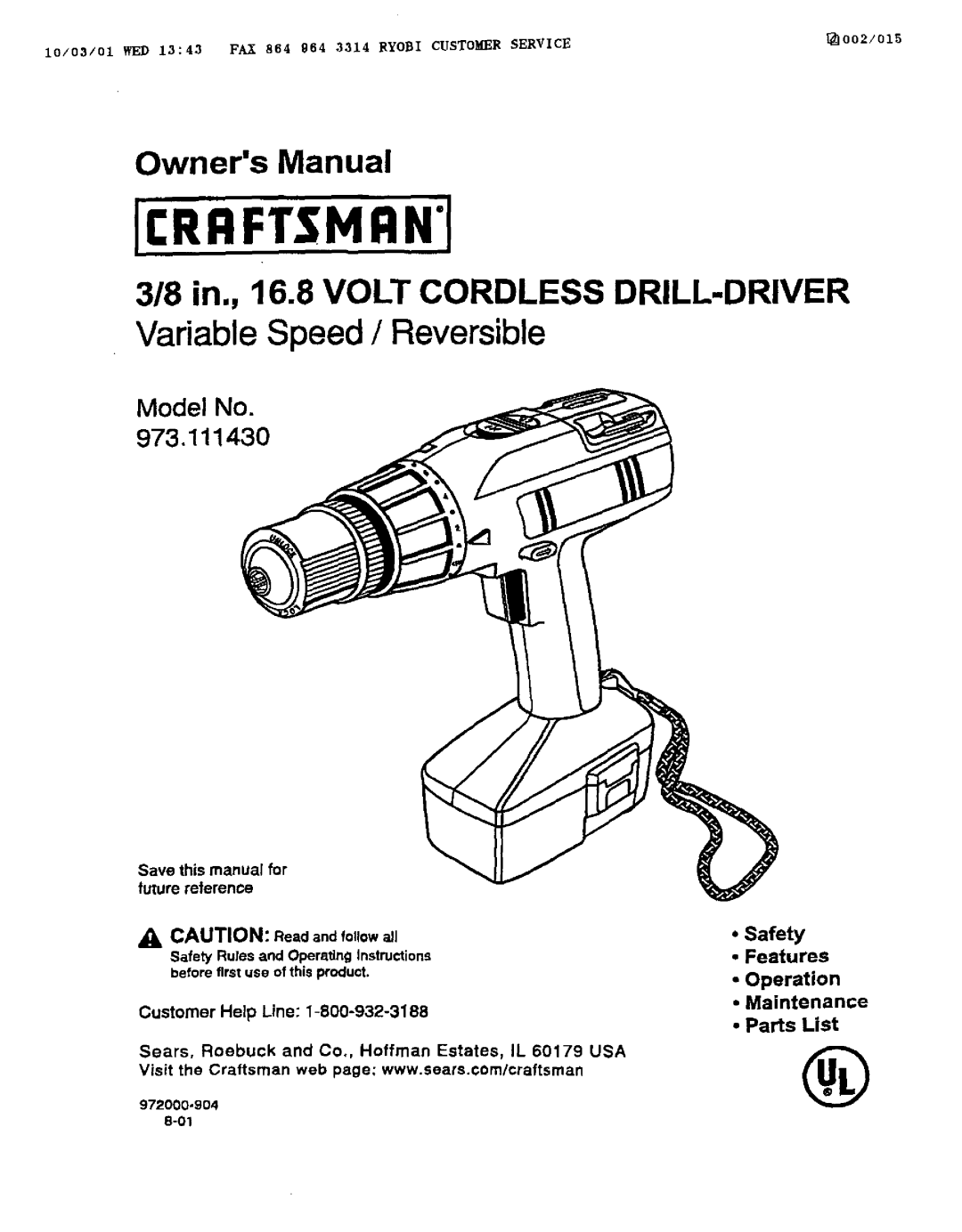 Craftsman 973.111430 owner manual Model No 