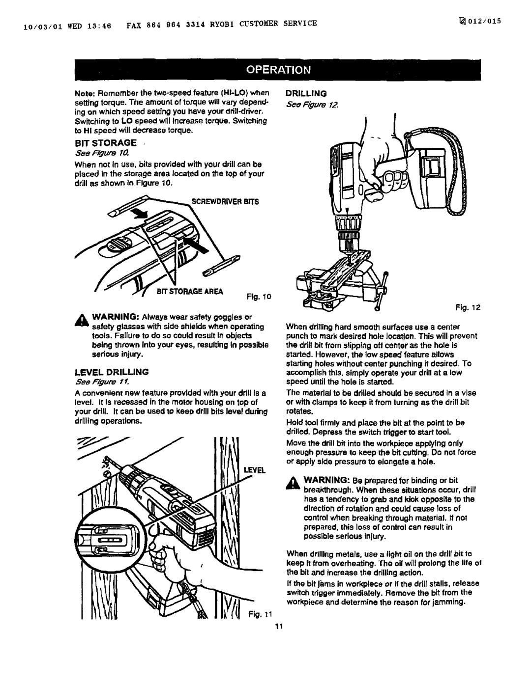 Craftsman 973.111430 owner manual BIT Storage, Bitstoragearea, Level Drilling 