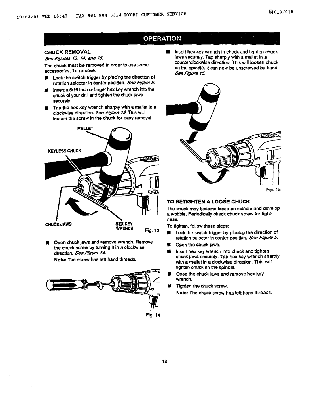 Craftsman 973.111430 owner manual Chuck Removal, Gee Figures f3, 14, CHUCK,JAWSHEXKEY Wrengh, To Retighten a Loose Chuck 