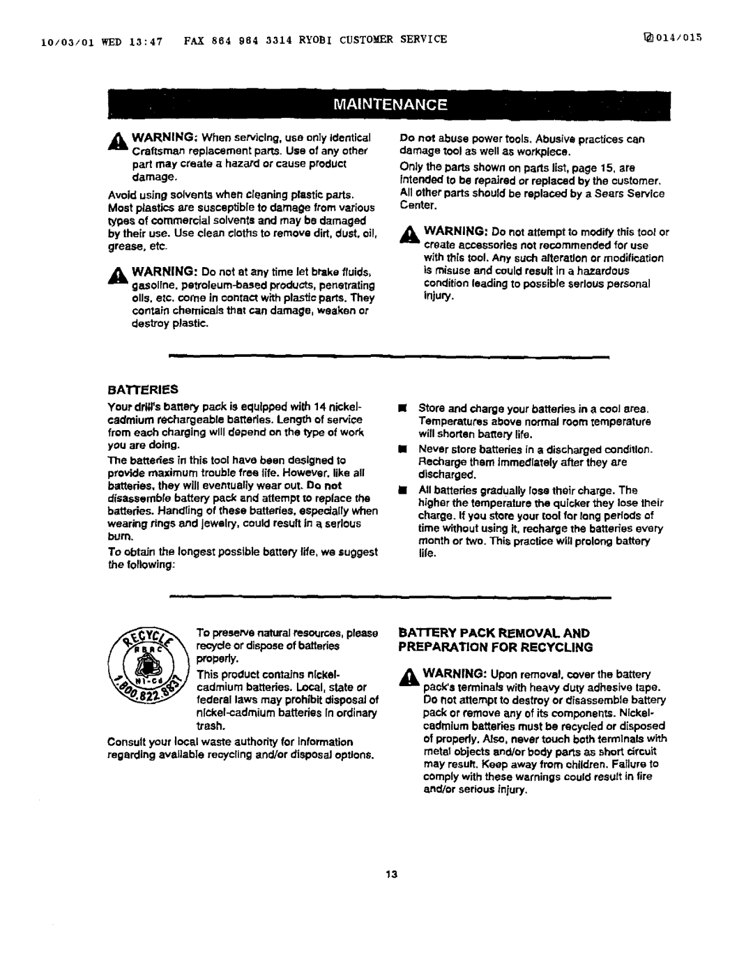 Craftsman 973.111430 owner manual Batteries, Preparation for Recycling 