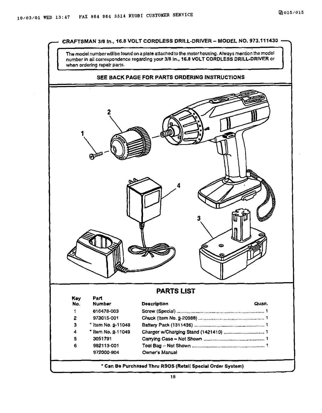 Craftsman 973.111430 owner manual Parts List, See Back page for Parts Ordering Instructions 