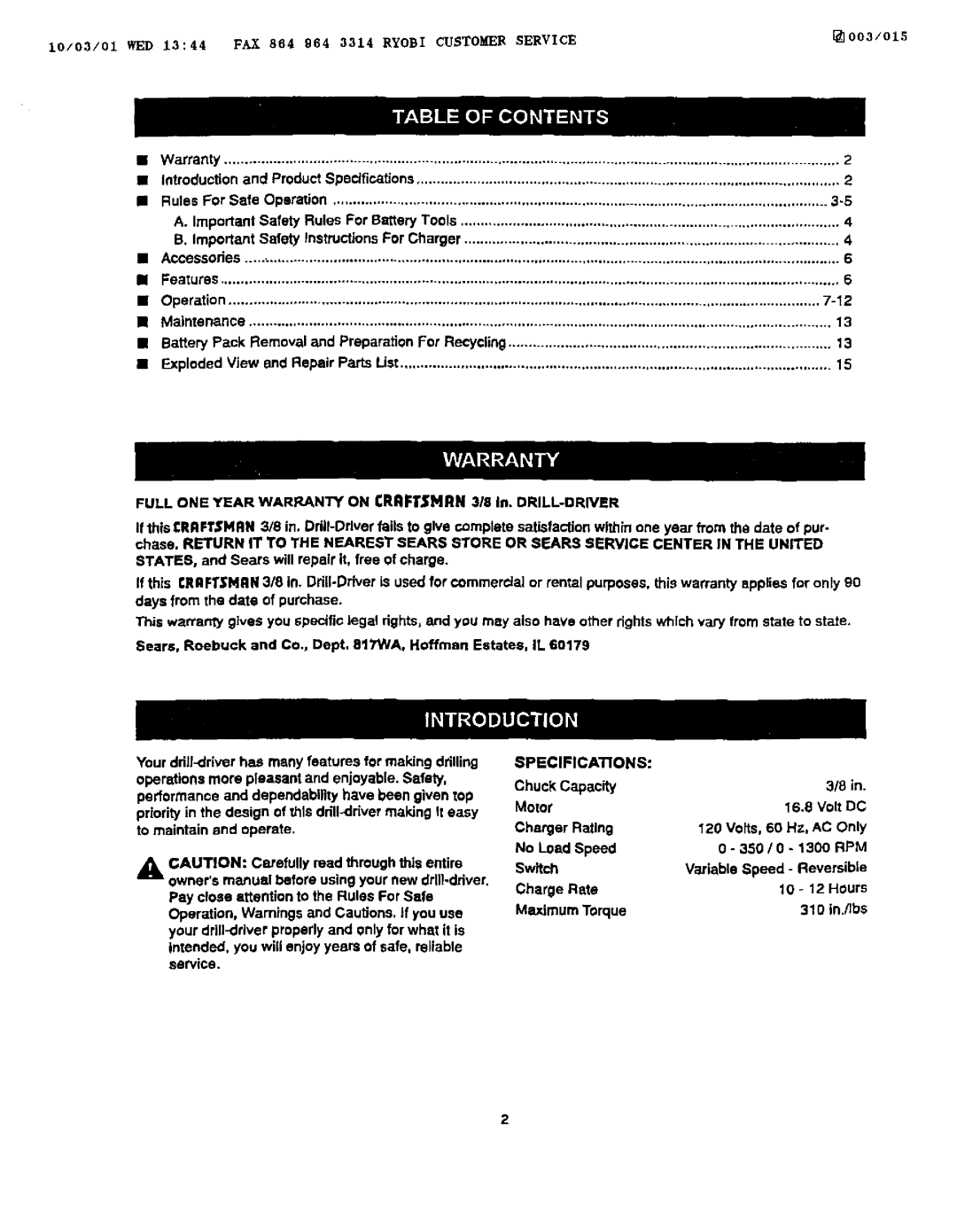 Craftsman 973.111430 owner manual Iii, Specifications 