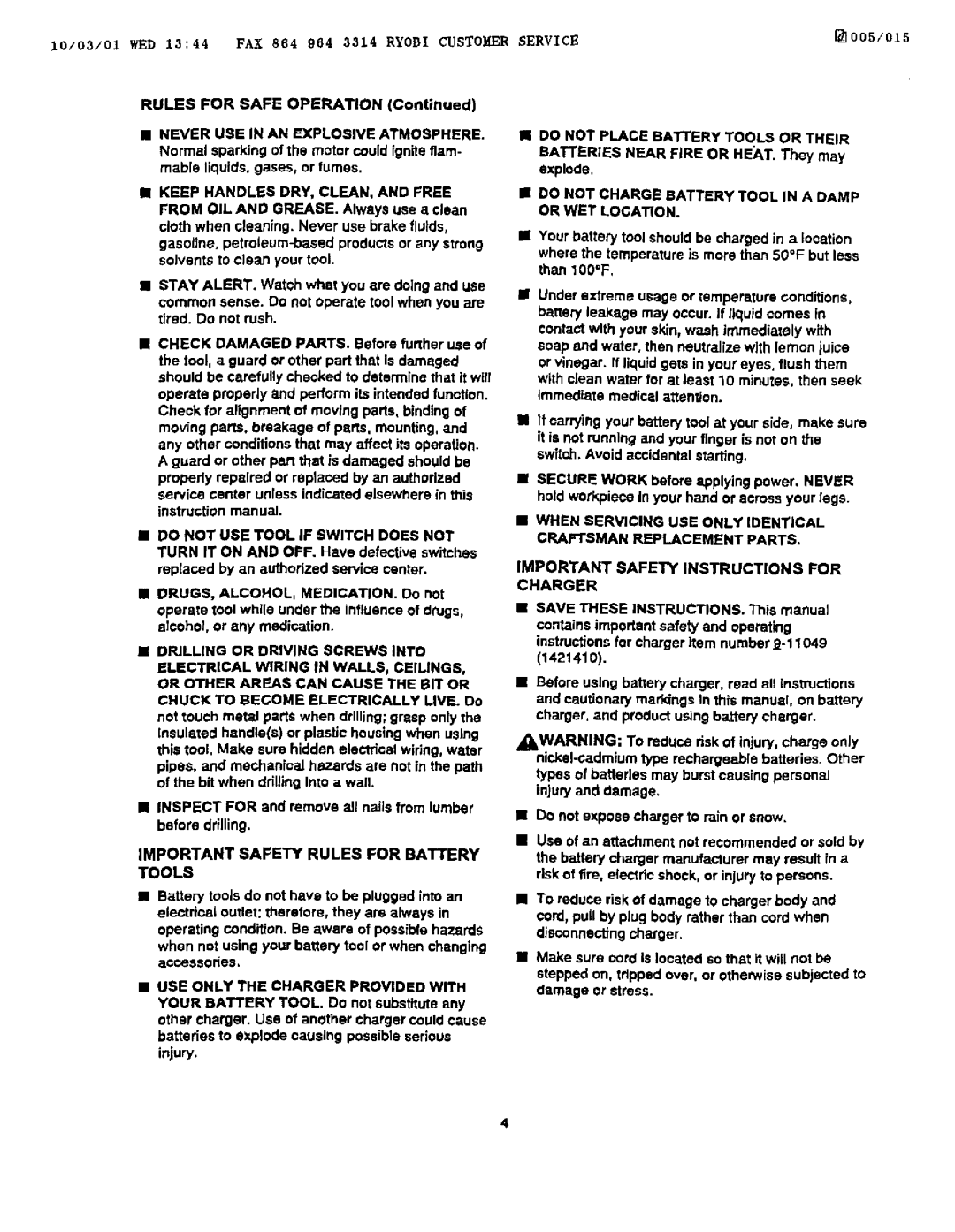 Craftsman 973.111430 owner manual II Keep Handles DRY, CLEAN, and Free, Important Safety Rules for Battery 