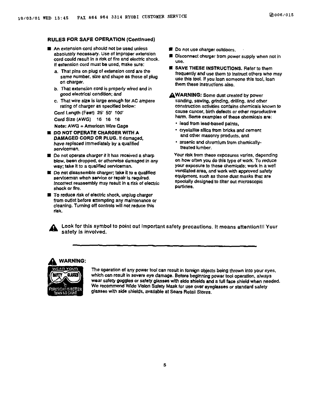 Craftsman 973.111430 owner manual Do not Operate Charger with a 