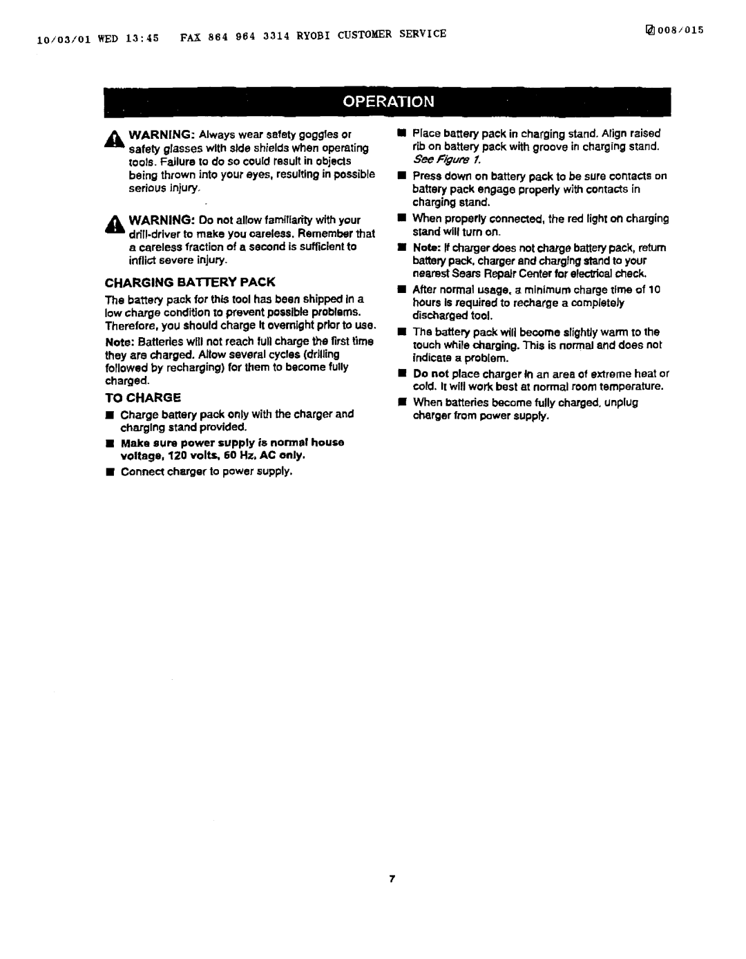 Craftsman 973.111430 owner manual Charging BAI-FERY Pack, To Charge 