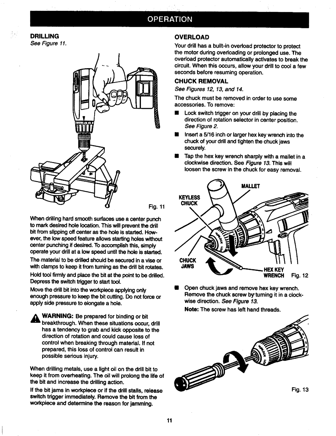 Craftsman 973.11147 owner manual Overload, Drilling, Chuck Removal, Mallet Keyless Chuck Jaws 