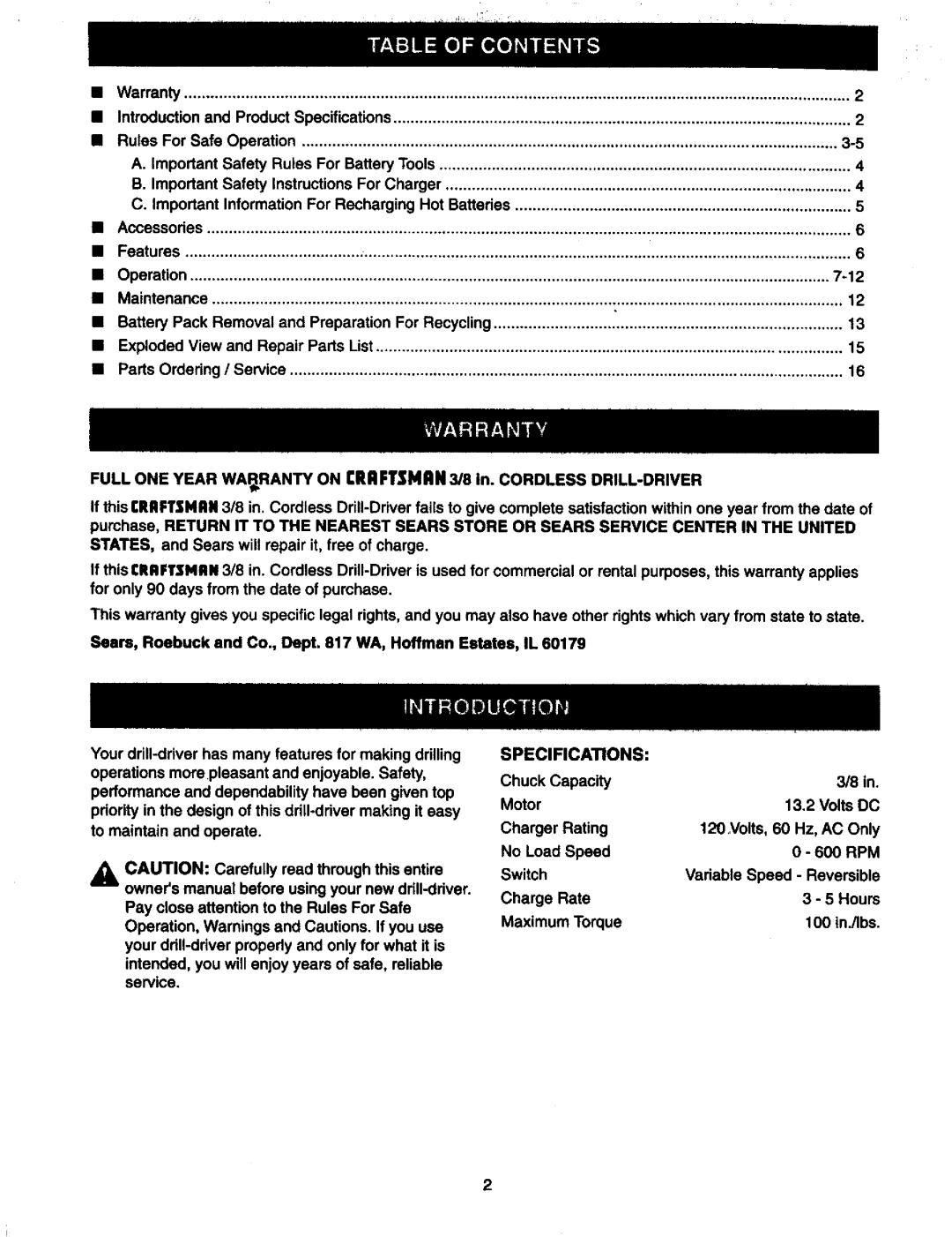 Craftsman 973.11147 owner manual Specifications 