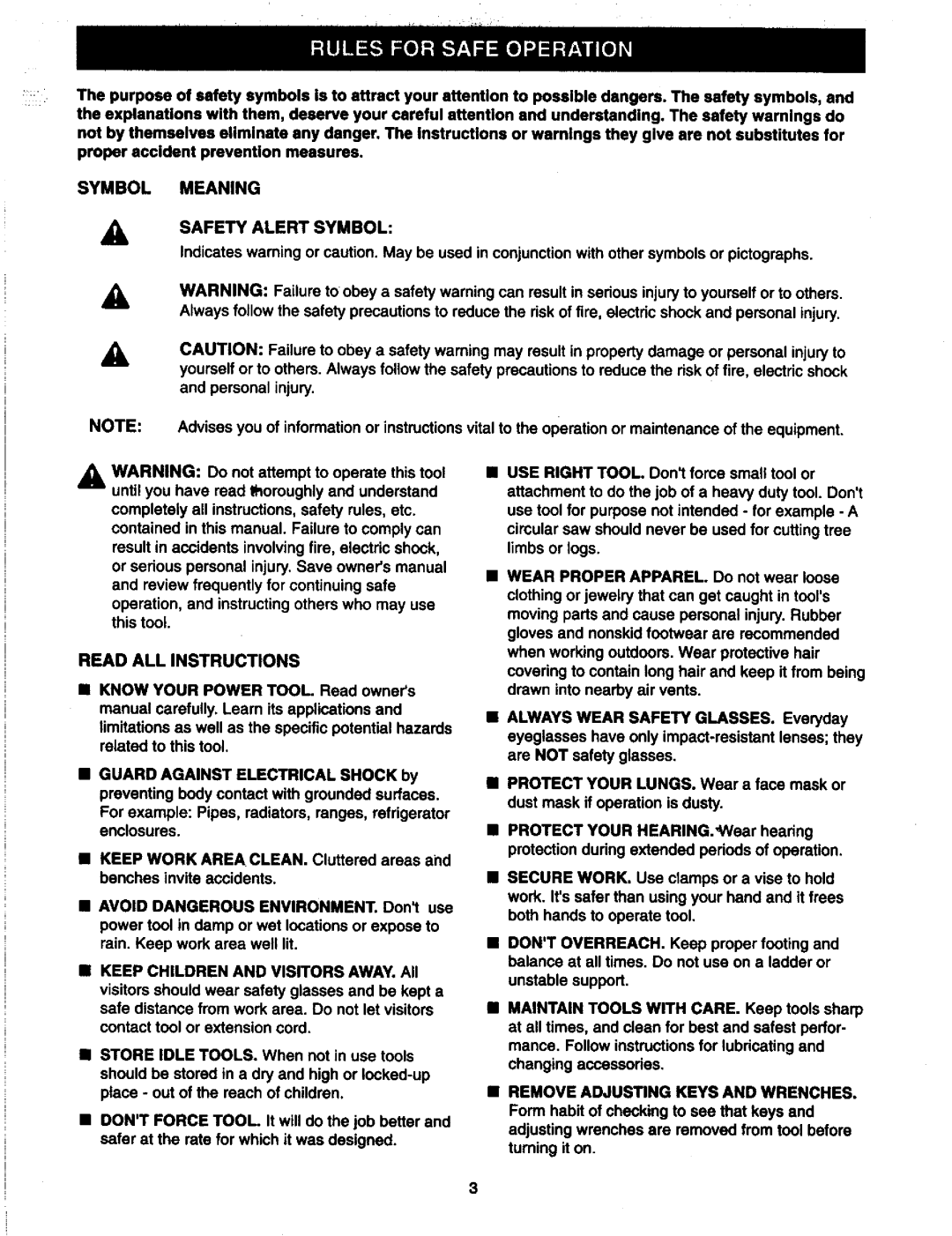 Craftsman 973.11147 owner manual Symbol Meaning, Read ALL Instructions, Safety Alert Symbol 