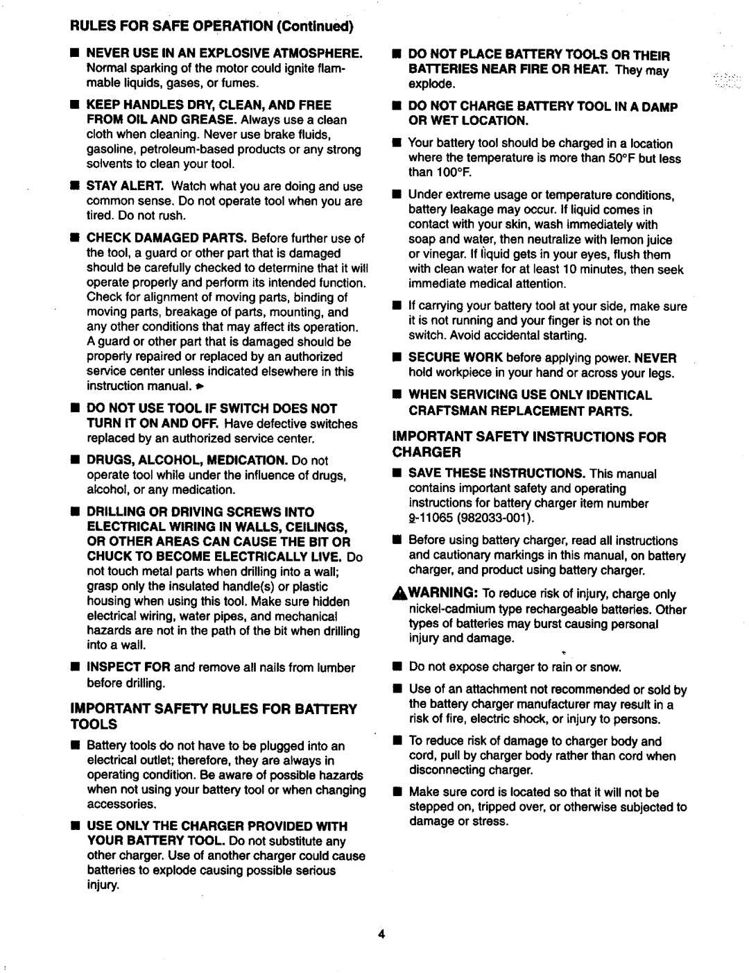 Craftsman 973.11147 Important Safety Rules for Battery Tools, Do not Charge Battery Tool in a Damp or WET Location 