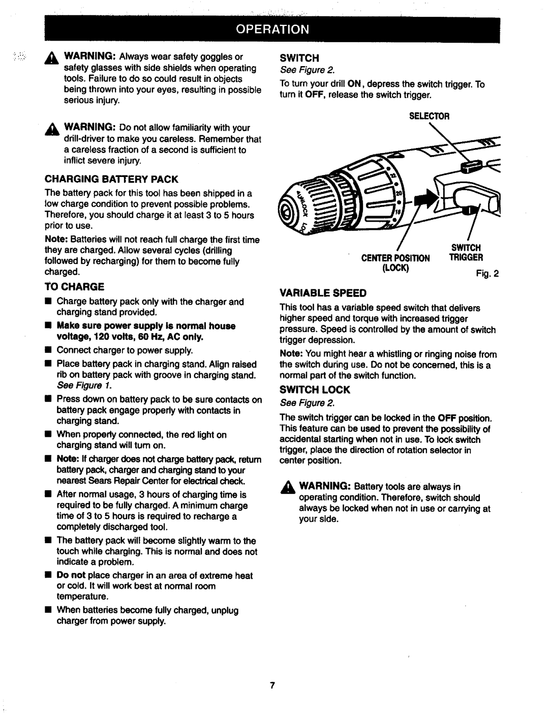 Craftsman 973.11147 owner manual Variable Speed, Switch Lock 