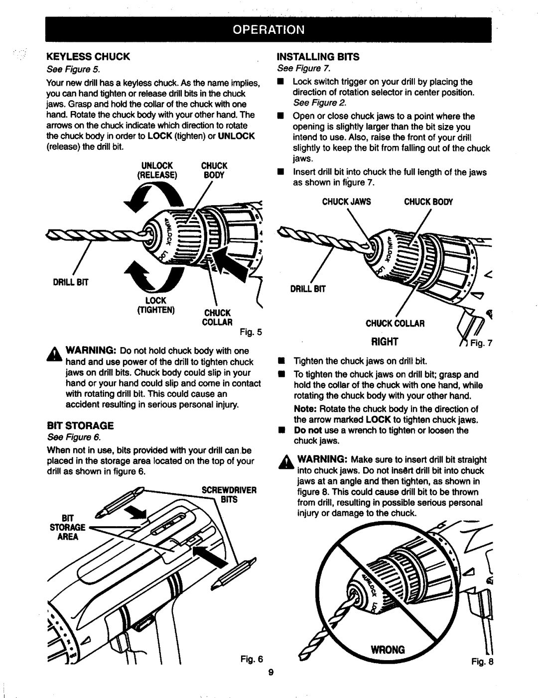 Craftsman 973.11147 owner manual Bits BIT Storage Area Installing Bits, Chuckjaws Chuckbody Drillbit Chuckcollar 