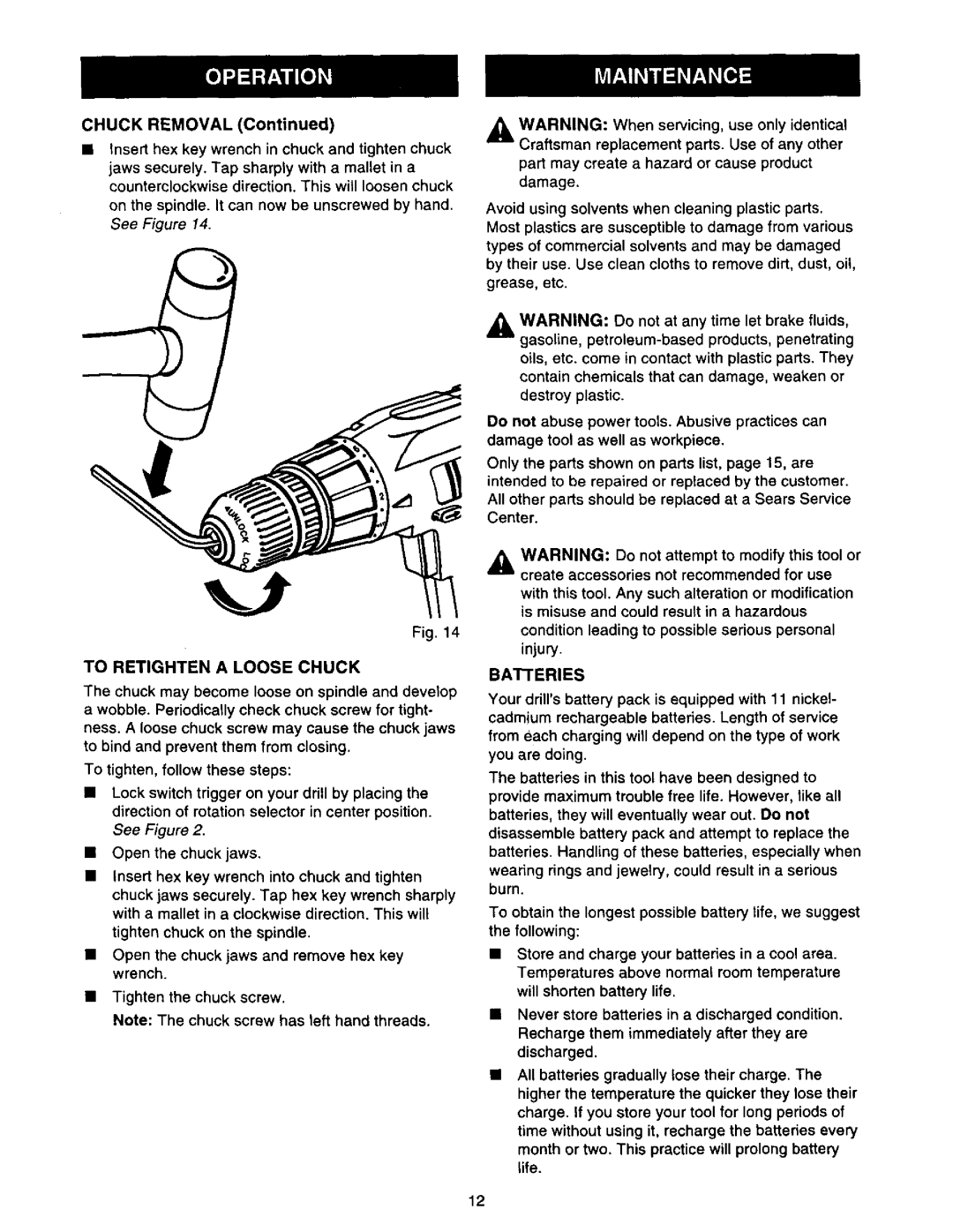 Craftsman 973.111471 owner manual Chuck Removal, To Retighten a Loose Chuck 