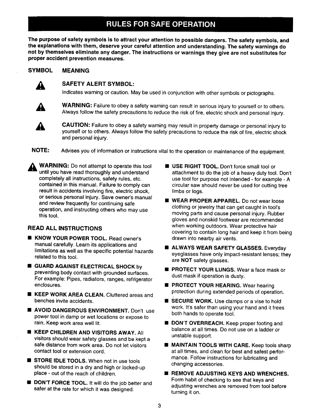 Craftsman 973.111471 Symbol Meaning Safety Alert Symbol, Read ALL Instructions, Remove Adjusting Keys and Wrenches 