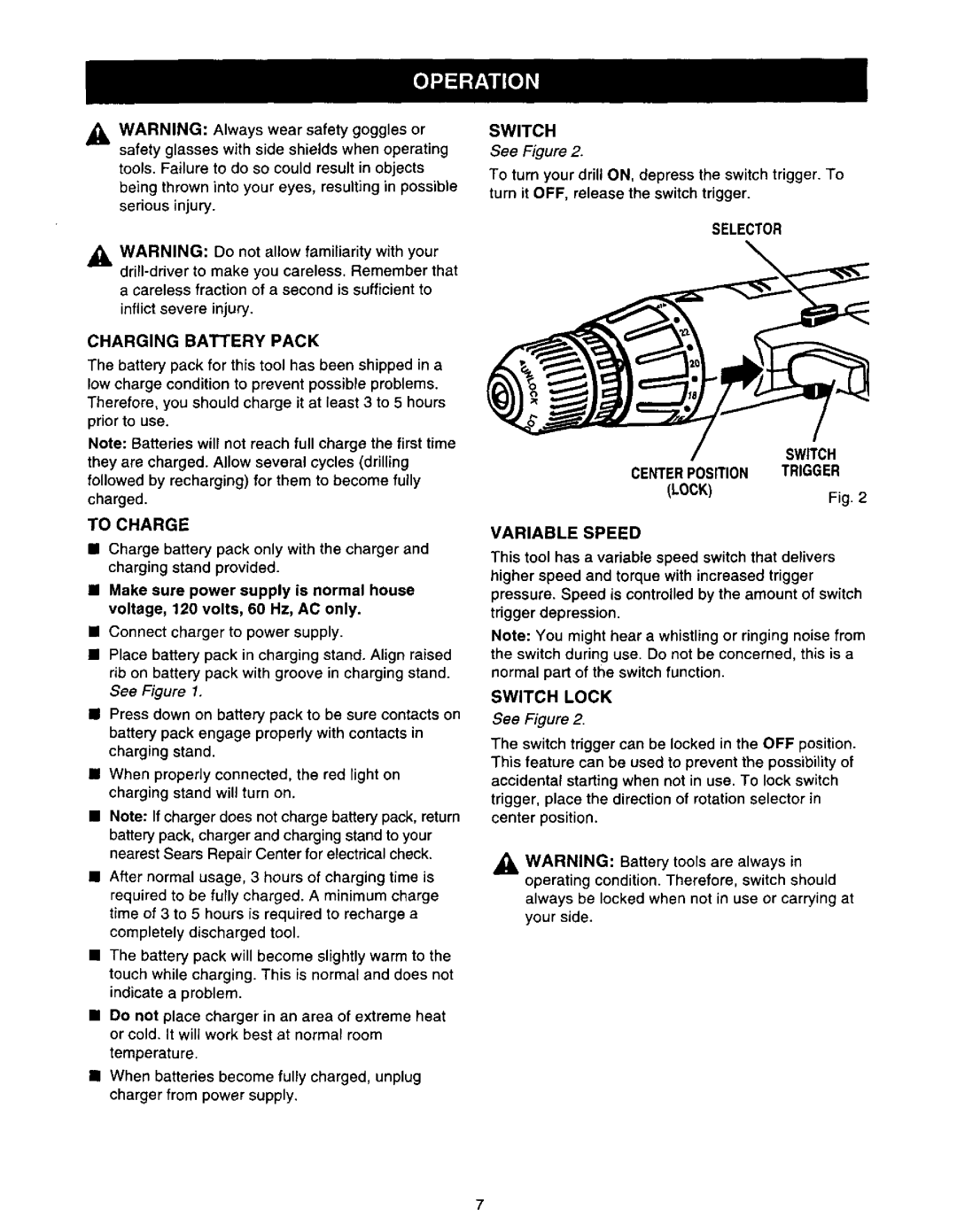 Craftsman 973.111471 Charging Battery Pack, Selector Switch Centerposition Trigger, Lock Variable Speed, Switch Lock 