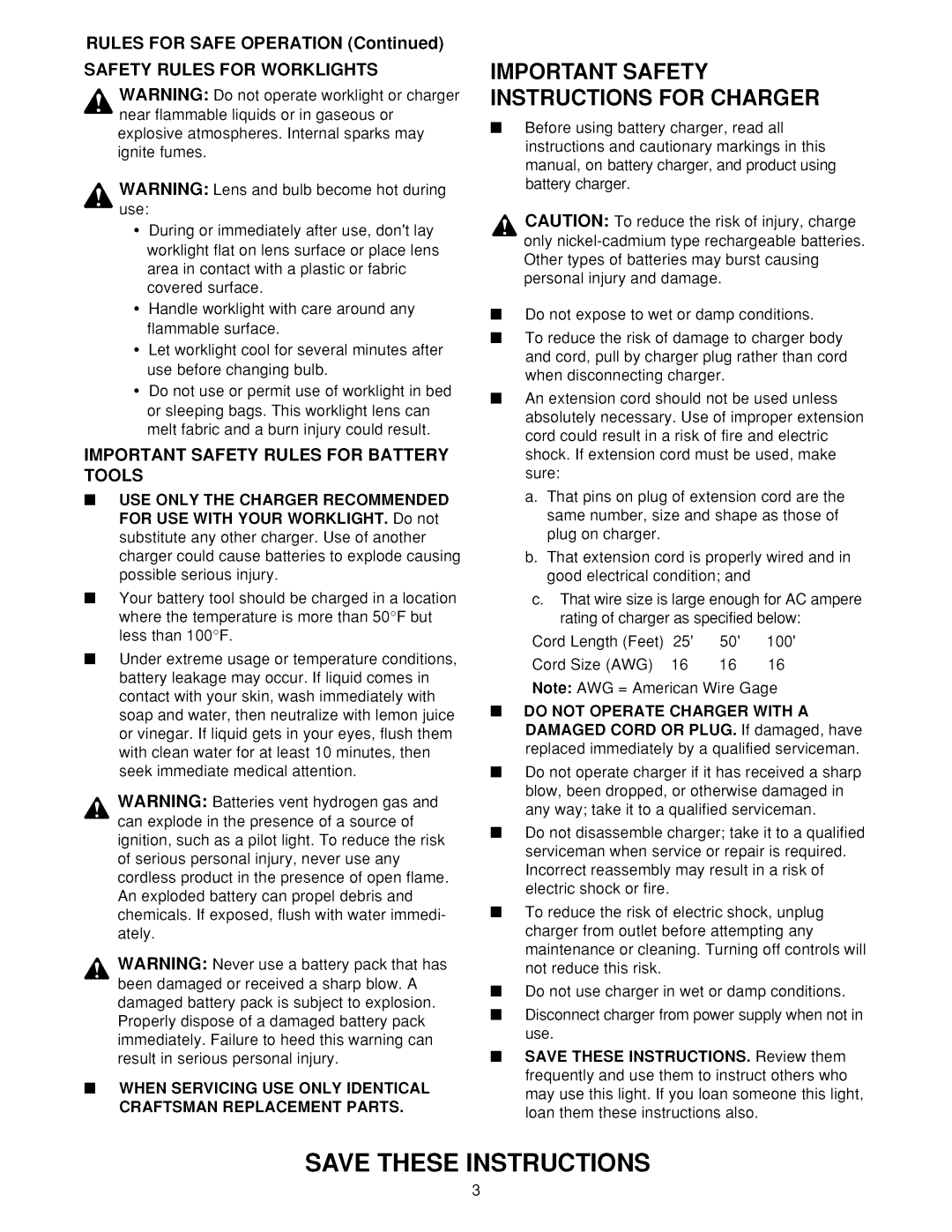 Craftsman 973.113900 operating instructions Important Safety Instructions for Charger, Safety Rules for Worklights 