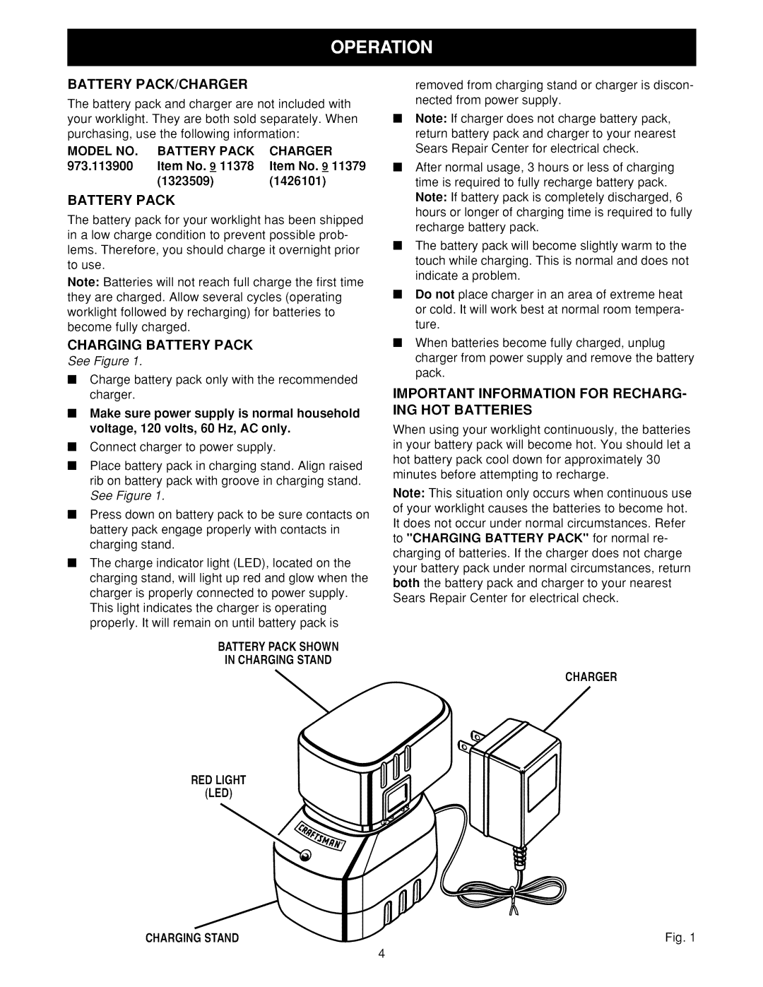 Craftsman 973.113900 Battery PACK/CHARGER, Model NO, Battery Pack Charger, Charging Battery Pack, Charger Chargingstand 