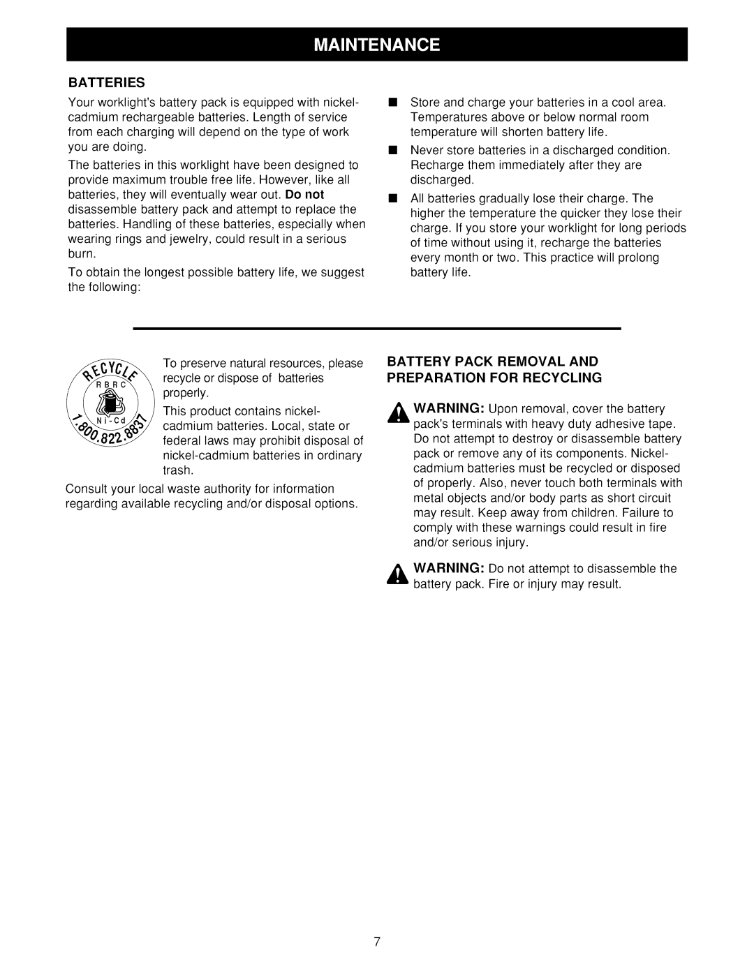 Craftsman 973.113900 operating instructions Batteries, Battery Pack Removal Preparation for Recycling 