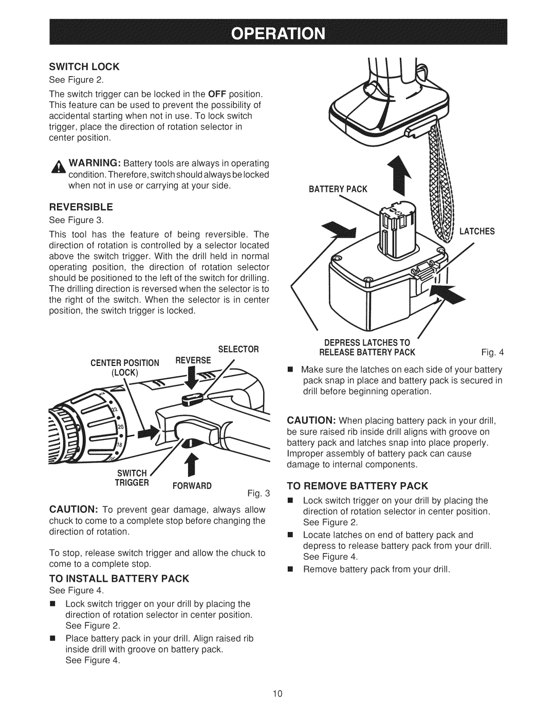 Craftsman 973.11424 manual Batterypack Latches, Releasebatterypack, Trigger Forward, To Install Battery Pack 