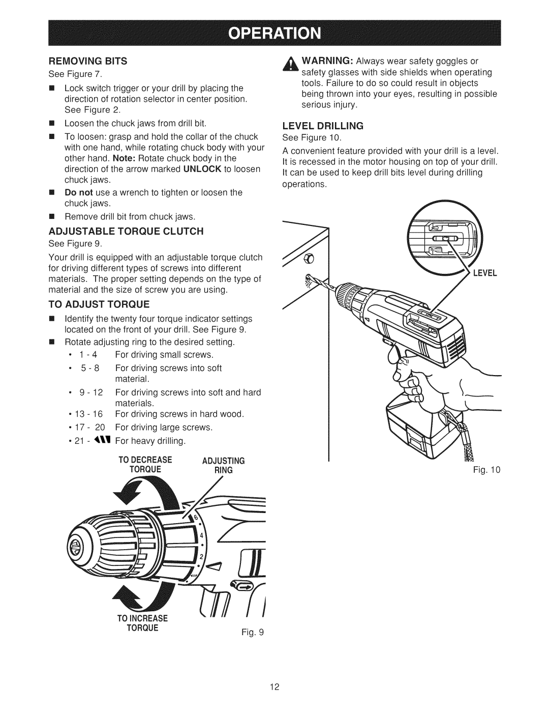 Craftsman 973.11424 manual Adjustable Torque Clutch, To Adjust Torque, To Decrease Adjusting Torquering Toincrease, Level 