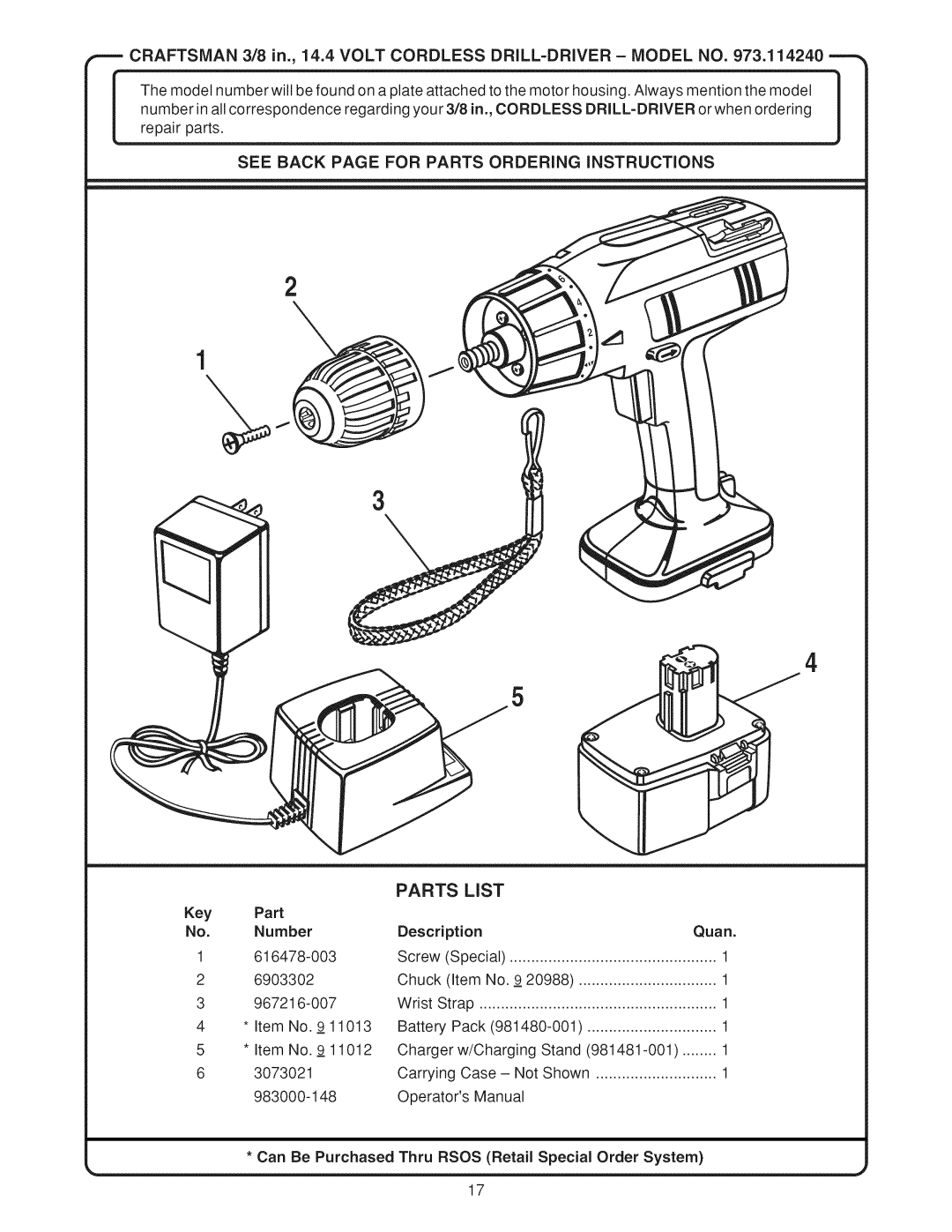 Craftsman 973.11424 manual Parts List, See Back page for Parts Ordering Instructions 