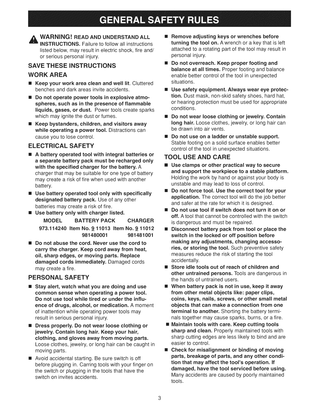 Craftsman 973.11424 manual Electrical Safety, Personal Safety, Tool USE and Care, Model, Battery Pack Charger 