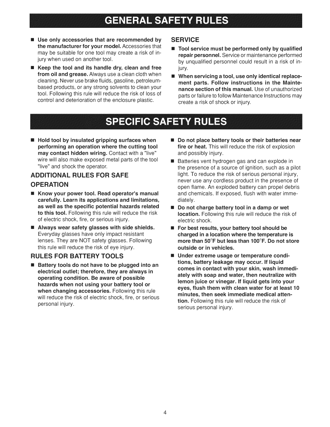 Craftsman 973.11424 manual Operation, Rules for Battery Tools, Service 