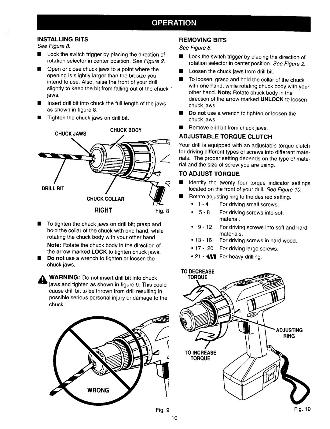 Craftsman 973.271830 owner manual Drill BIT Chuckcollar, To Decrease Torque Ring Toincrease 