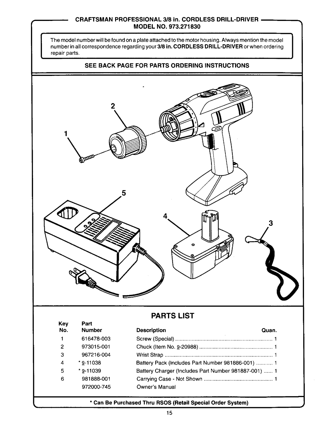 Craftsman 973.271830 owner manual See Back page for Parts Ordering Instructions, Key Number Description Quan 