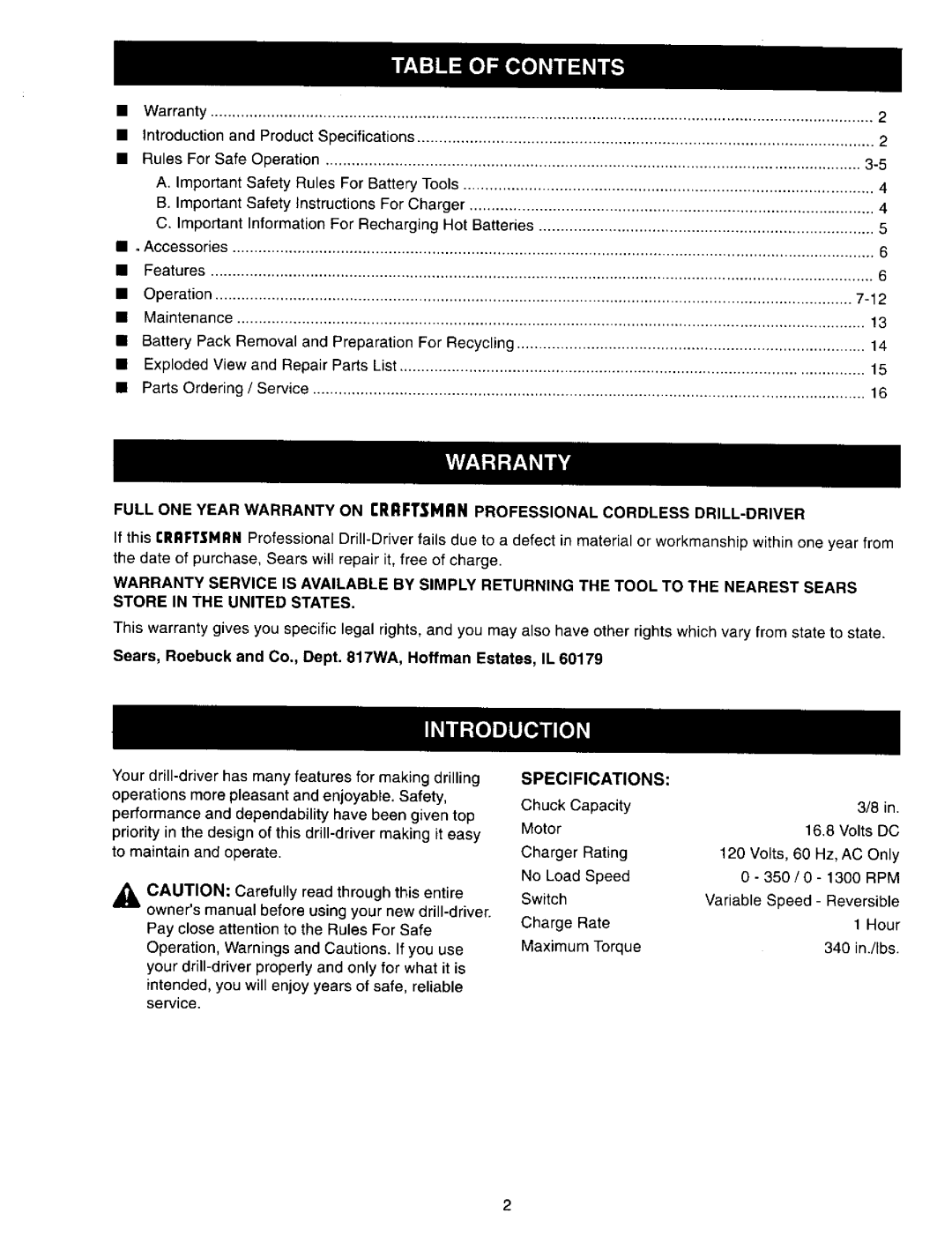 Craftsman 973.271830 owner manual Specifications 