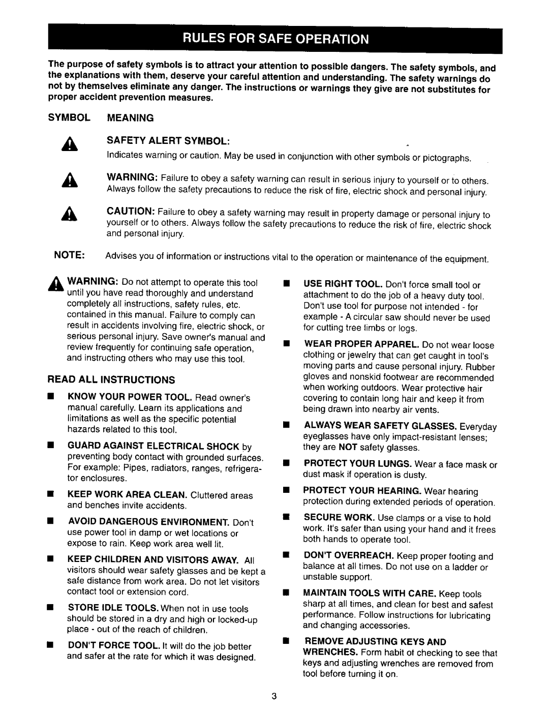 Craftsman 973.271830 owner manual Symbol Meaning Safety Alert Symbol, Read ALL Instructions, Avoid Dangerous Environment 