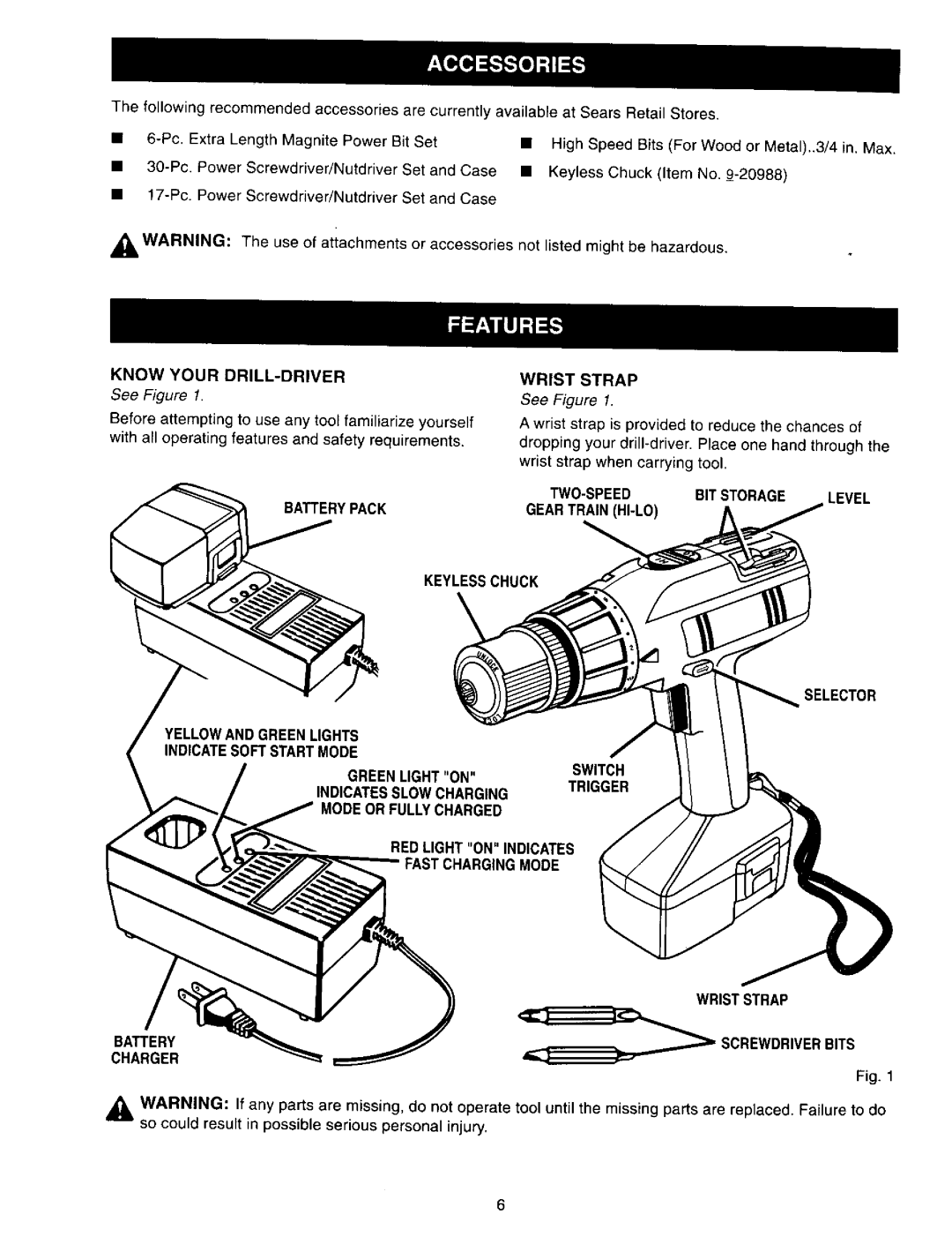 Craftsman 973.271830 owner manual Batterypack Wrist Strap, Mode, Battery Screwdriverbits Charger 