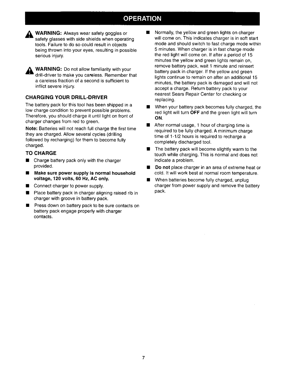 Craftsman 973.271830 owner manual Charging Your DRILL-DRIVER, To Charge 