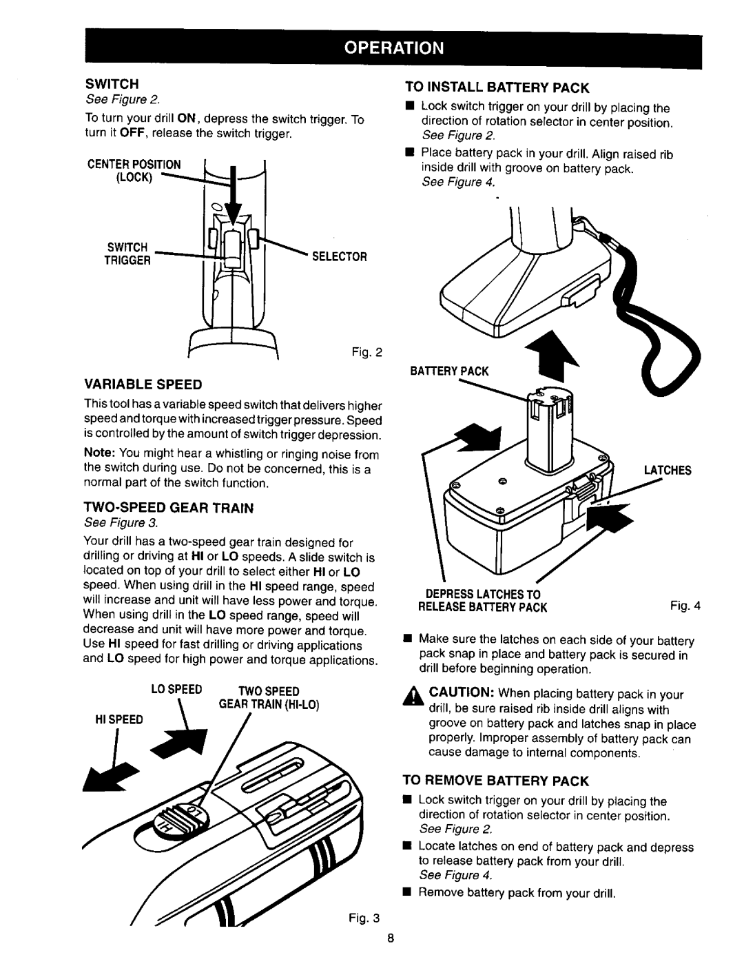 Craftsman 973.271830 owner manual Centerposition L, To Install Battery Pack, Variable Speed, TWO-SPEED Gear Train 