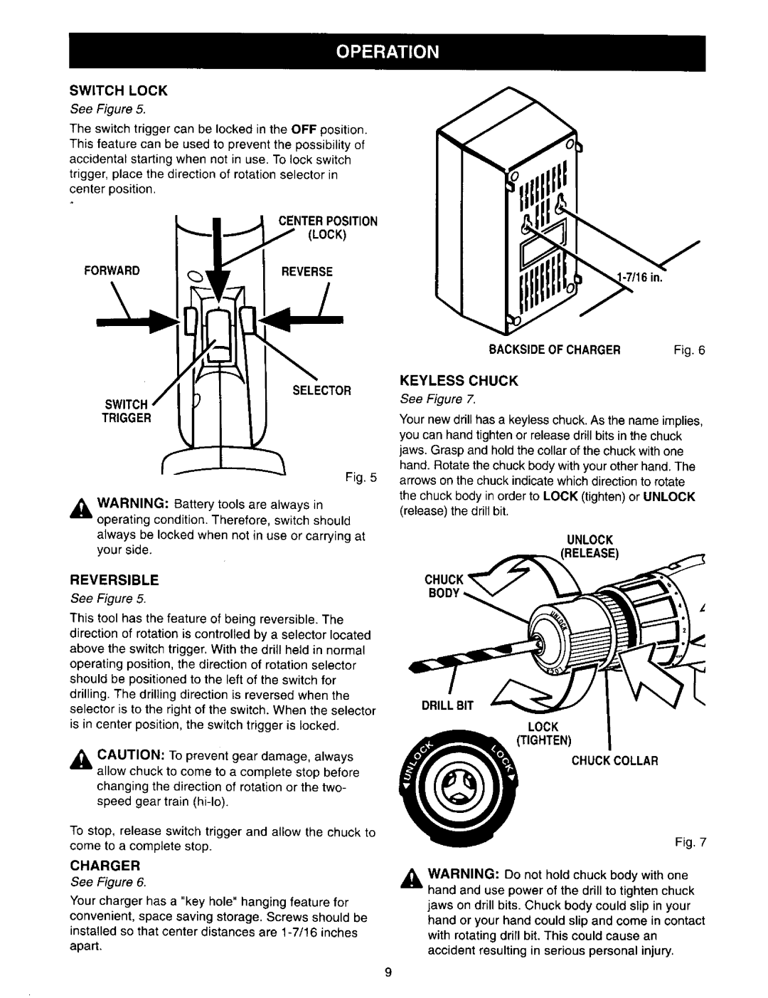 Craftsman 973.271830 Center Position Lock Forwardreverse Selector, Reversible, Backside of Charger Keyless Chuck 