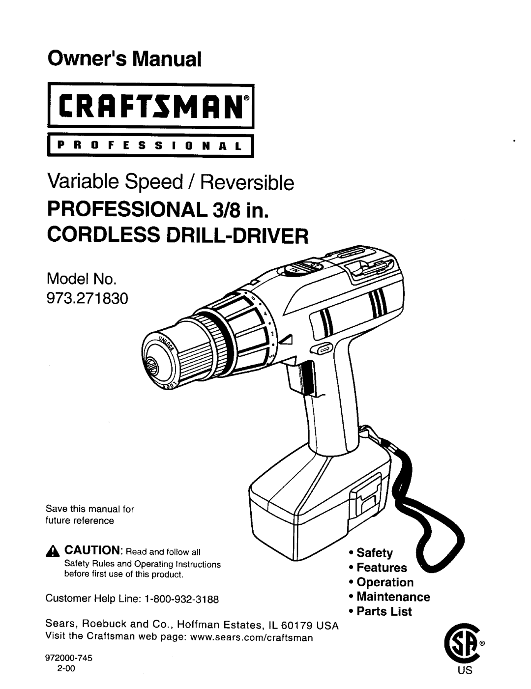 Craftsman 973.271830 owner manual OwnersManual, Variable Speed / Reversible, PROFESSIONAL 3/8 in, Cordless Drill-Driver 