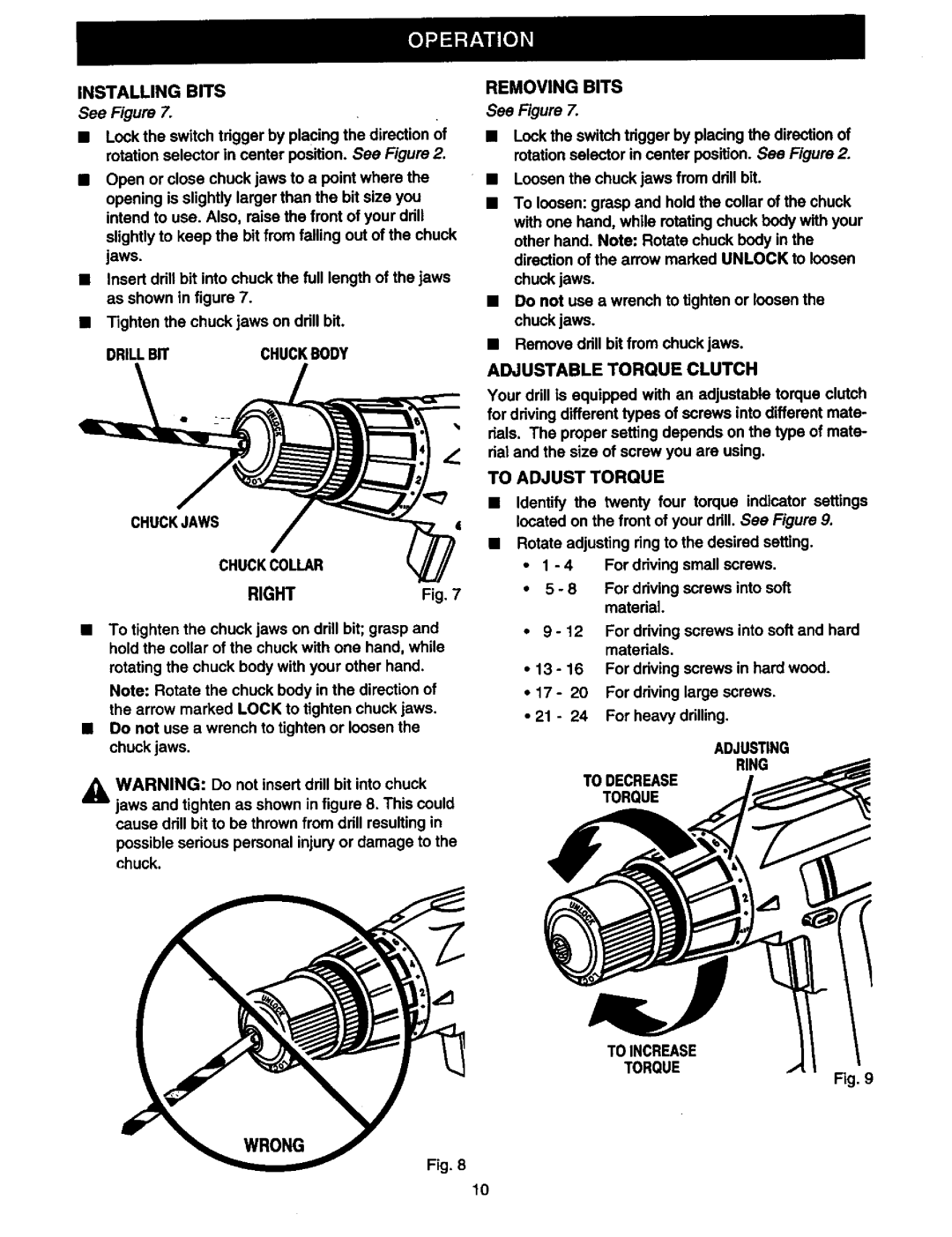 Craftsman 973.2748.70 owner manual Installing Bits, Chuckjaws Chuckcollar Right, Removing Bits, Adjustable Torque Clutch 