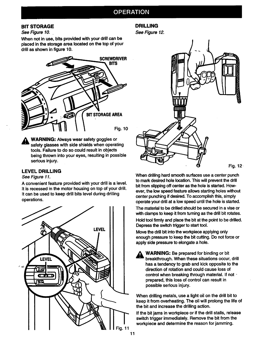 Craftsman 973.2748.70 owner manual Screwdriver Bits, BIT Storagearea Level Drilling 