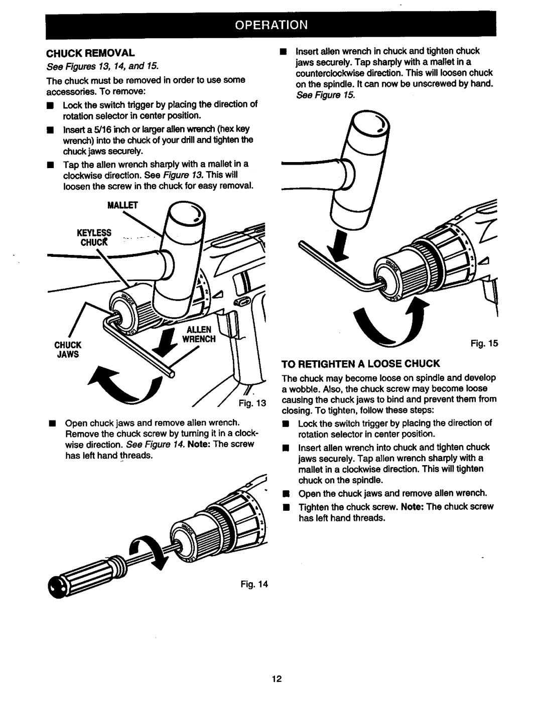 Craftsman 973.2748.70 owner manual Chuck Removal, Mallet Keyless, Chuck Jaws, To Retighten a Loose Chuck 