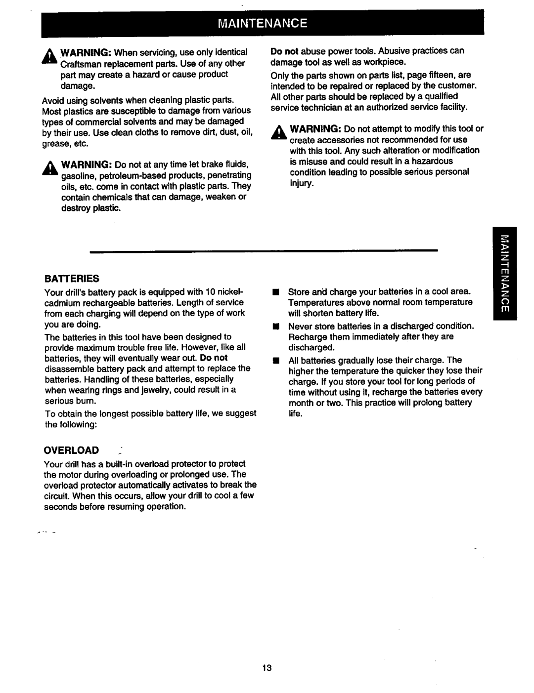 Craftsman 973.2748.70 owner manual Batteries, Overload 