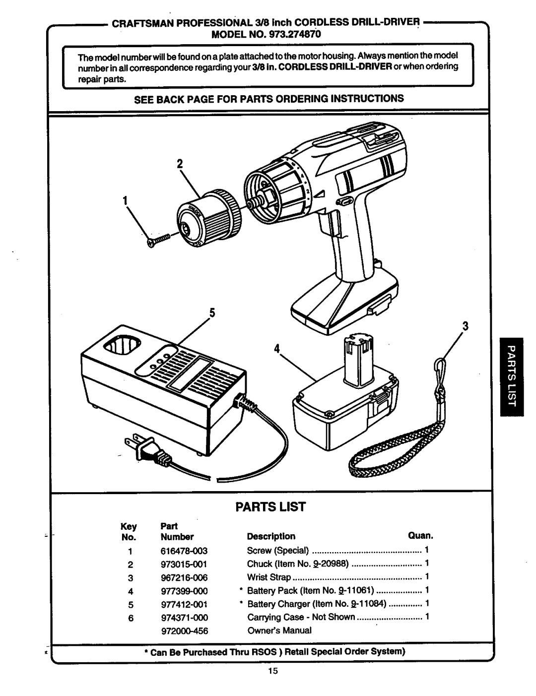 Craftsman 973.2748.70 owner manual Parts List, See Back page for Parts Ordering Instructions 