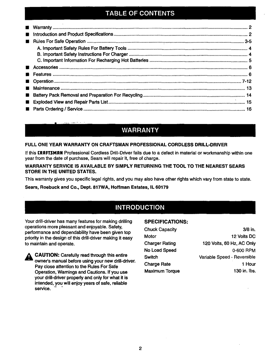 Craftsman 973.2748.70 owner manual Specifications 